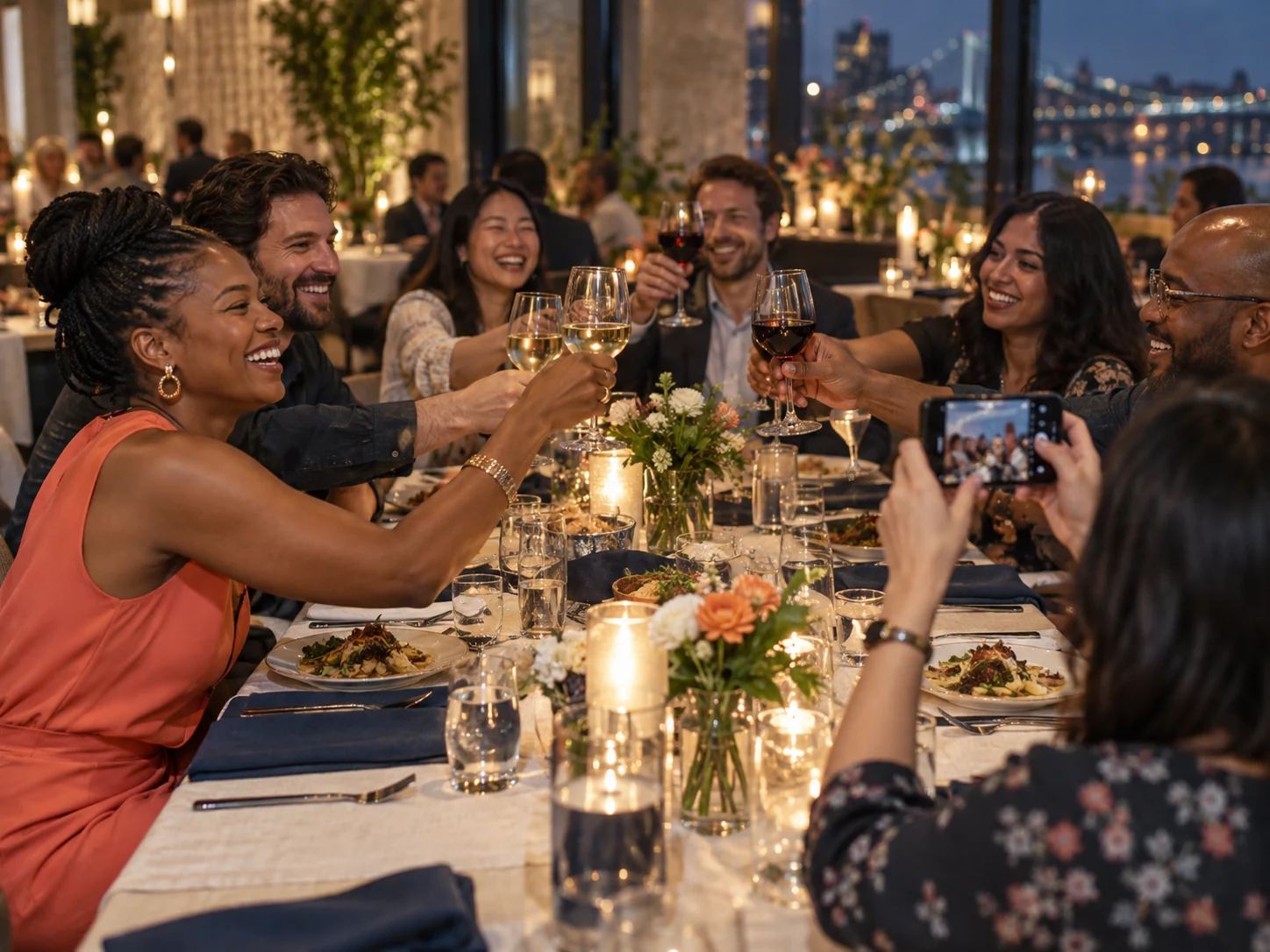 Colleagues sharing a candid toast at a company dinner