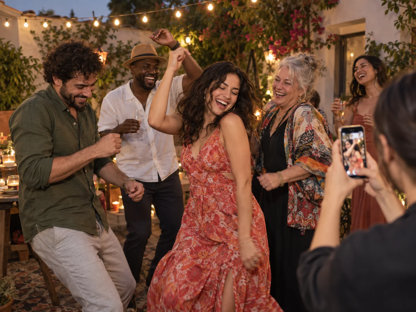 Venner danser sammen til en aftenfest i gården