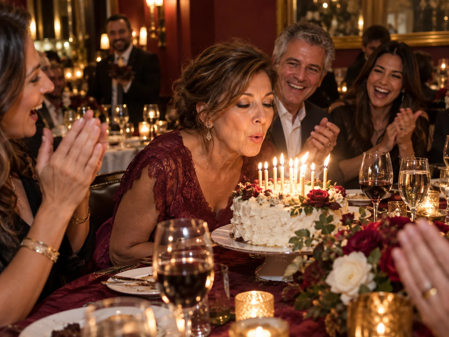 Una donna che spegne le candeline di compleanno mentre gli amici festeggiano intorno a lei