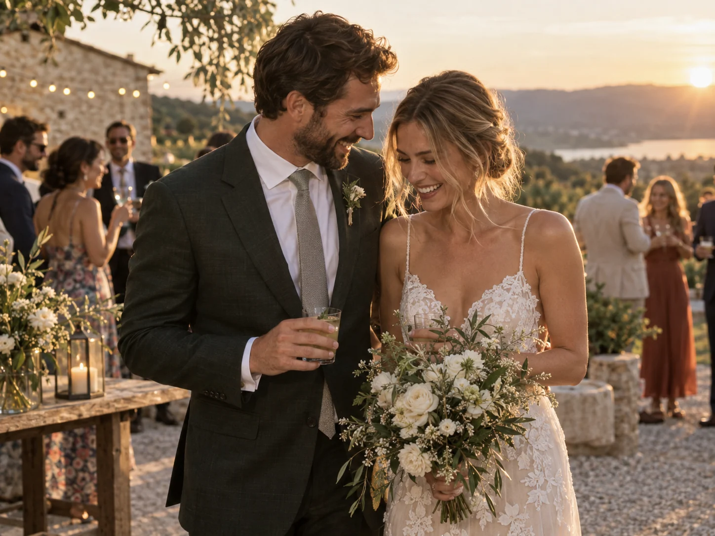 Una parella compartint una rialla tranquil·la a la seva recepció de casament a l'aire lliure al capvespre